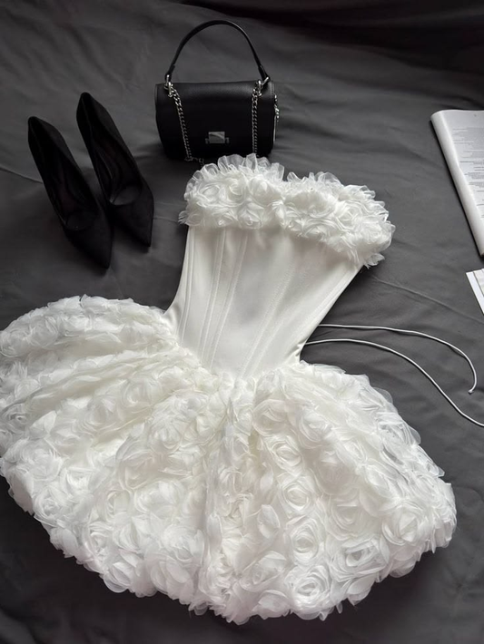 Fairy Strapless White Satin Tulle Ruched Floral A Line Short Homecoming Dress Cocktail Dress SP3062