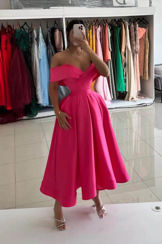 Pink Midi Length Formal Dress Off the Shoulder Satin Prom Dresses Y5446