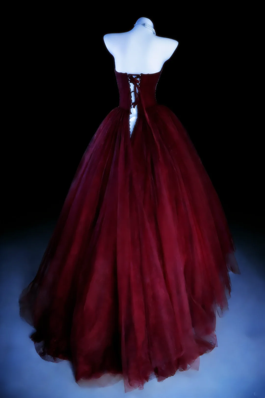 Glamorous Strapless Burgundy Tulle Beaded Long Birthday Prom Dress Party Gown SP2036