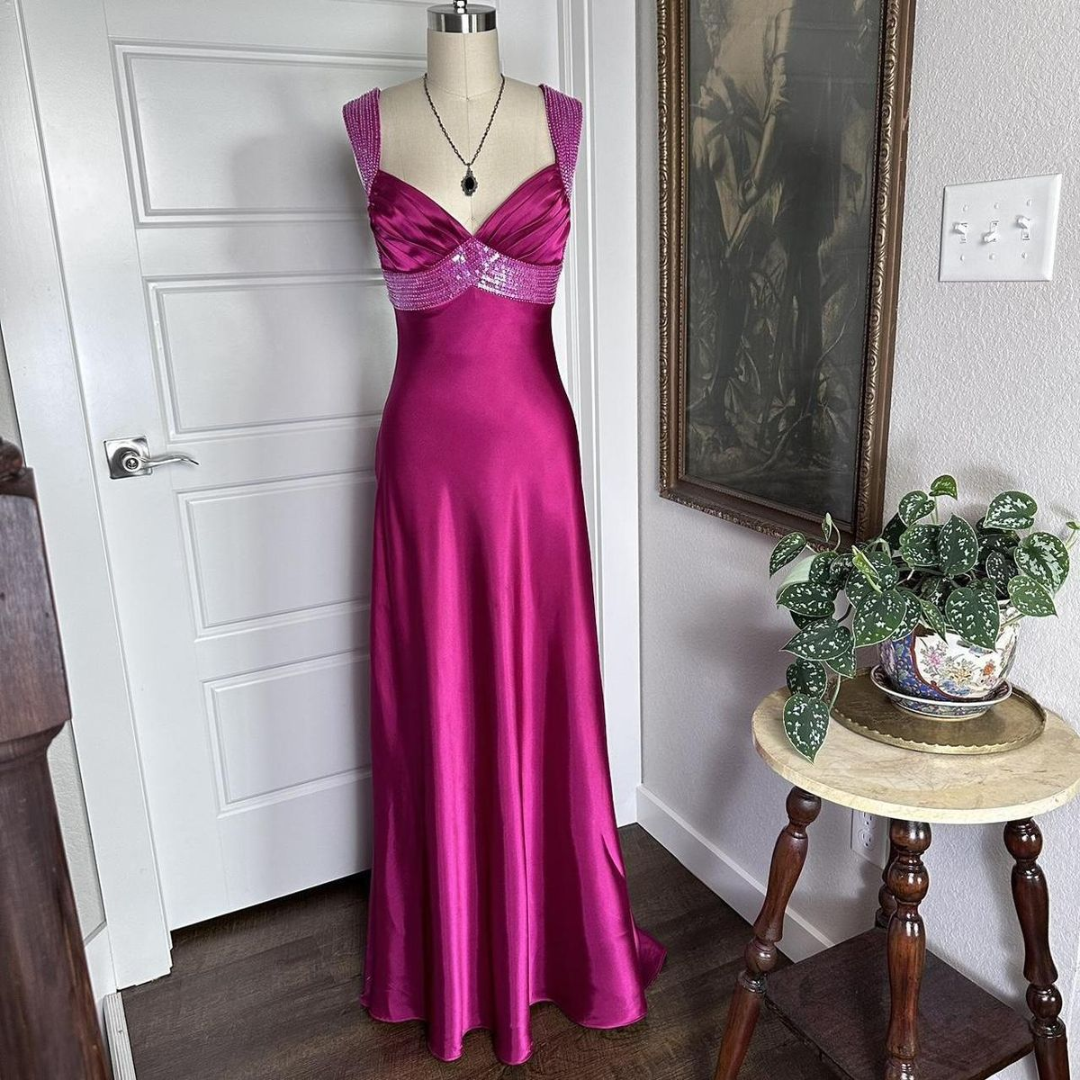 Pretty V Neck Hot Pink Satin Sequin Beaded Long Party Dress Formal Wedding Guest Dress SP996