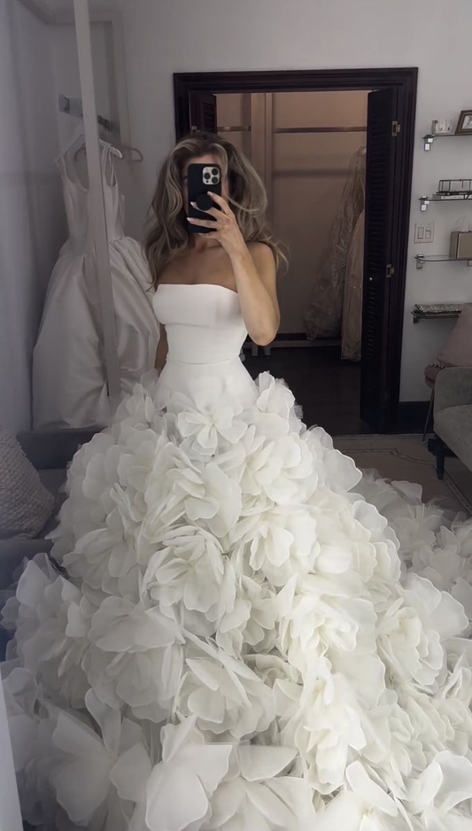 Pretty Strapless White Tulle Petals Long Wedding Dress SP4190