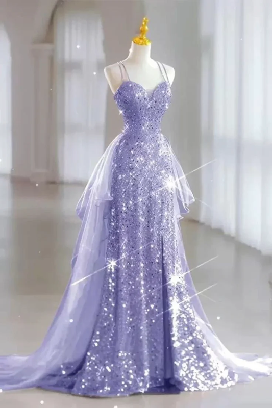 Glitter Lilac Spaghetti Straps Sequin Mermaid Long Prom Dress Evening Gown  SP1739