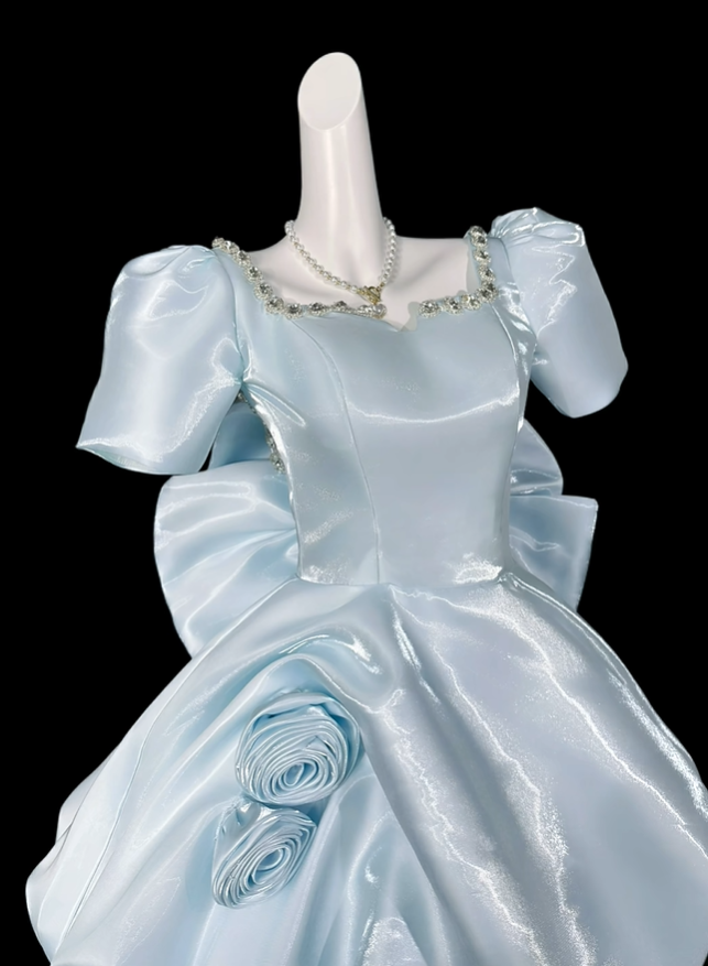 Sweet Blue Satin Beaded A Line Short Homecoming Dress Birthday Dress With 3D Floral SP3506