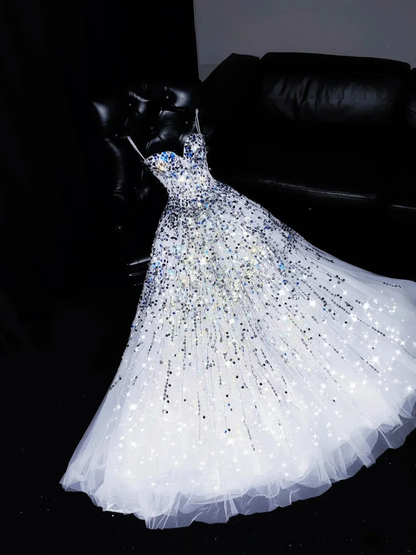 Glitter Strapless White Tulle Sequin Beaded Long Party Dress Evening Dress SP4114