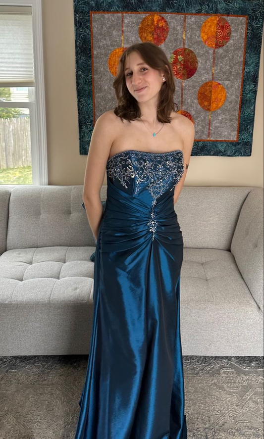 Vintage Strapless Blue Satin Pleated Beaded Mermaid Long Party Dress Birthday Dress SP2115