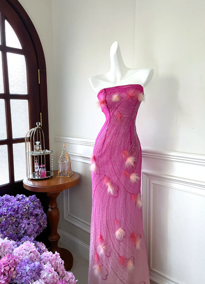 Pretty Strapless Ombre Pink Chiffon Beaded Birthday Outfits Mermaid Long Evening Dress  SP785