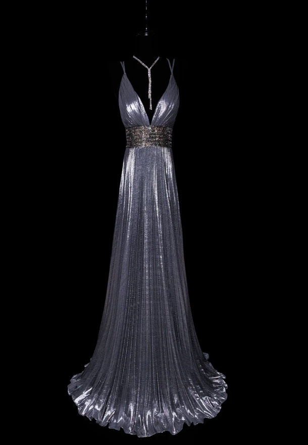 Chic Silver Gray Deep V Satin Pleated Beaded Evening Dress Formal Birthday Prom Dress SP478
