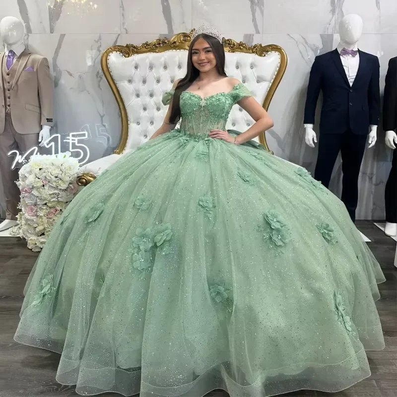 Glittering Sage Green Quinceanera Dress,Tulle Appliques Sequins Crystals Birthday Party Ball Gown With Bow Y8116