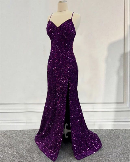 Dark Purple Prom Dress Sequin Mermaid Formal Evening Dress With Split Y5639