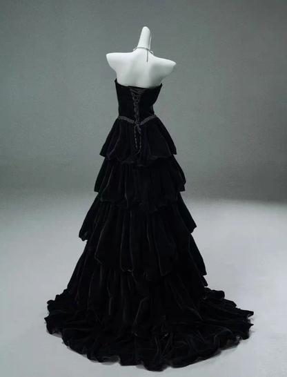 Chic Black A-line Layered Evening Dress,Black Strapless Evening Gown Y4378