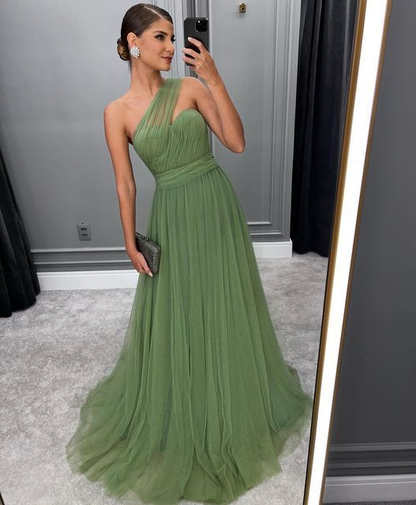 Green Long A-line Prom Dress,Trendy Tulle Formal Evening Dresses Y5602