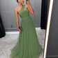 Green Long A-line Prom Dress,Trendy Tulle Formal Evening Dresses Y5602