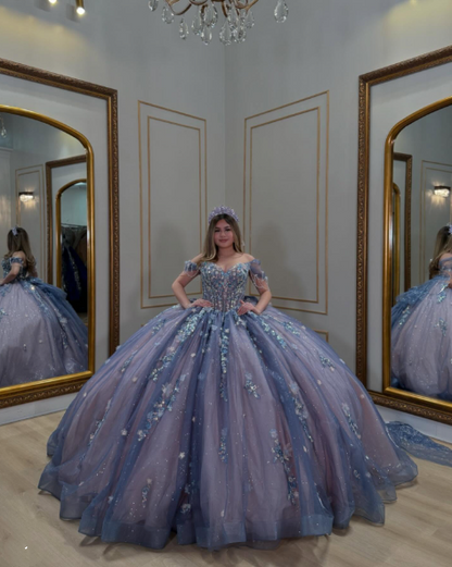 Gorgeous Off The Shoulder Purple Tulle Sequin Appliques Beaded Princess Quinceanera Dress Sweet 16 Dress SP1031