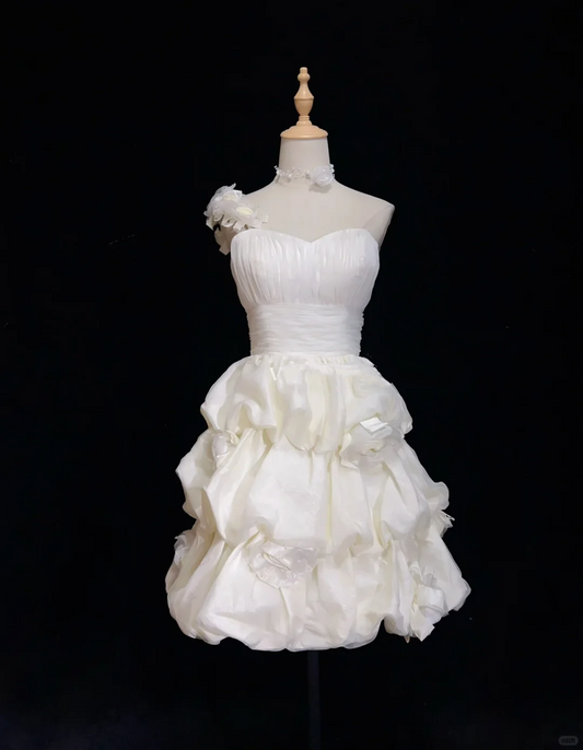 Fairy One Shoulder Satin Pleated A Line Mini Birthday Dress,White Short Homecoming Dress With 3D Flowers SP2900