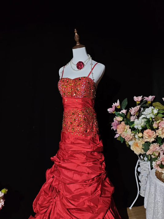 Vintage Red Spaghetti Straps Satin Pleated Long Party Dress Prom Dress SP2262