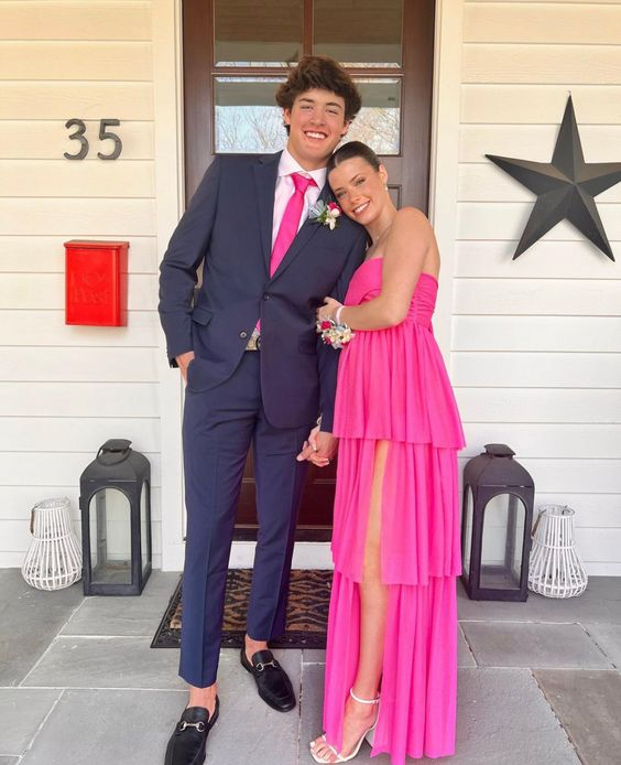 Trendy Pink Strapless A-line Tiered Prom Dress Y6387