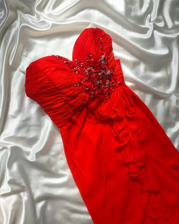 Pretty Strapless Beaded Chiffon Ruffles Mermaid Long Party Dress Red Slit Prom Dresses SP415