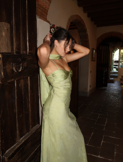 Classy Spaghetti Straps Satin Print Floral Long Evening Dress Mint Green Birthday Outfits With Scarf SP834