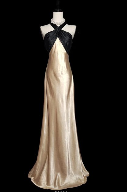 Vintage Champagne Halter Backless Long Wedding Guest Dress Mermaid Evening Dress SP476