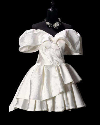 Classy White Satin A Line Short 9th Grade Homecoming Dress,Off The Shoulder Mini Cocktail Dress SP3488