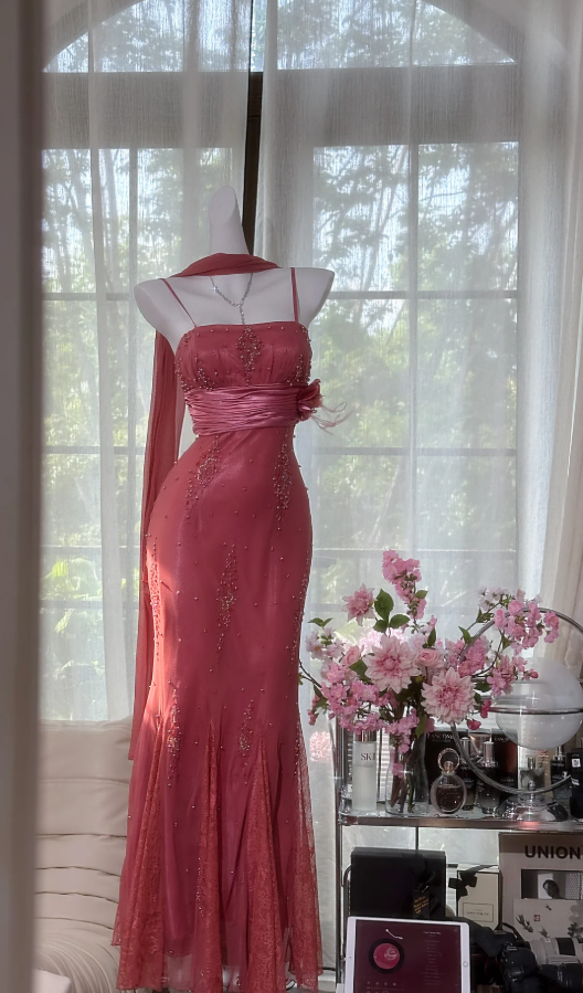 Pretty Peach Pink Spaghetti Straps Chiffon Lace Beaded Mermaid Long Party Dress Prom Gown SP1876