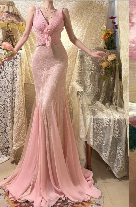 Elegant V Neck Pink Chiffon Lace Mermaid Prom Dress Long Party Dress SP490