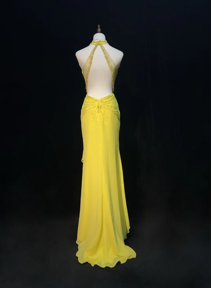 Sexy Yellow Halter V Neck Chiffon Beaded Mermaid Evening Dress Backless Long Prom Gowns SP1967