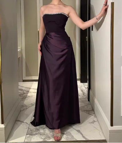 Vintage Strapless Dark Purple Satin Lace Beaded Long Evening Dress Formal Wedding Guest Dress SP471