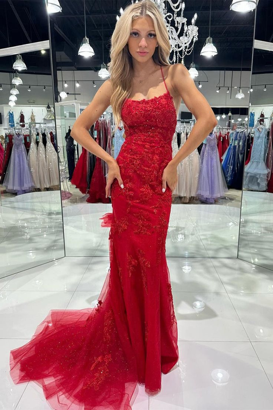 Red Tulle Appliques Scoop Neck Lace-Up Mermaid Long Prom Dress Y5956