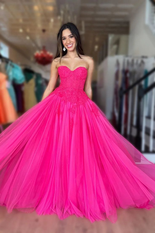 Hot Pink Tulle Sweetheart Long Prom Dress Y5464