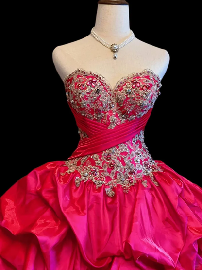 Retro Hot Pink Satin Pleated Embroidered Beaded Quinceanera Dress Sweetheart Neck Sweet 16 Dress SP4087