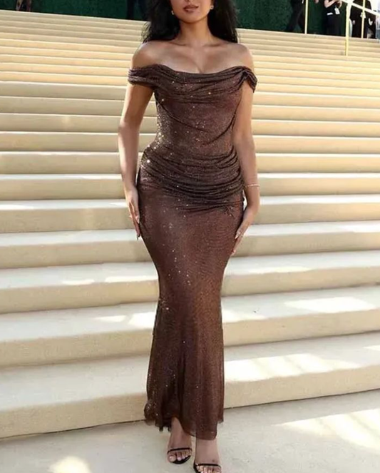 Classy Brown Off The Shoulder Sequin Mermaid Party Dress Long Wedding Guest Dress SP866