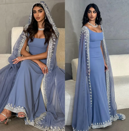Sparkly Sequin Evening Dresses for Arabic Women Cape Floor Length Mermaid Prom Party Wedding Special Events Dresses  Y4817