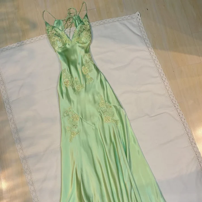 Fashion Mint Green Spaghetti Straps Lace Beaded Prom Dress Evening Party Gown Y7530