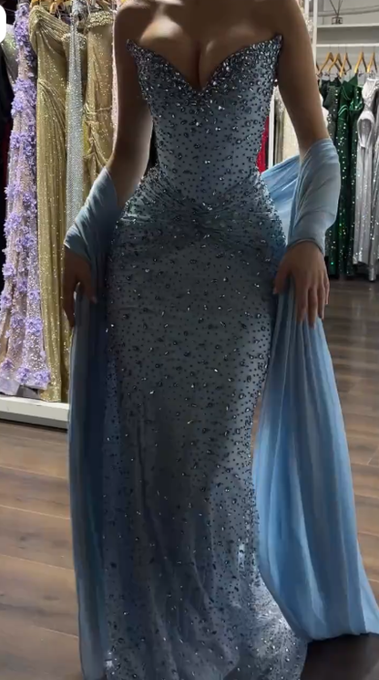 Elegant Strapless Blue Tulle Beaded Mermaid Long Prom Dress Party Dress SP3406