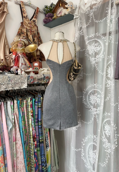 Sexy Sleeveless Satin Beaded Cocktail Dress Gray Short Sheath Birthday Outfits Homecoming Dress Y9008
