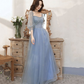 Blue tulle beaded long prom dress blue evening dress Y5835