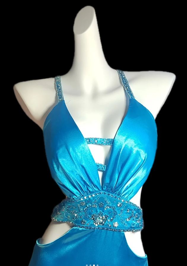 Pretty Halter Blue Satin Beaded Ruffles Mermaid Party Gown Long Prom Dress SP418