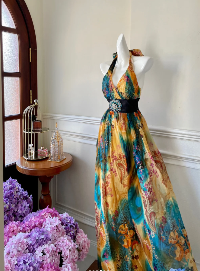 Vintage Halter Chiffon Print Floral Mermaid Long Prom Dress Evening Gown SP878