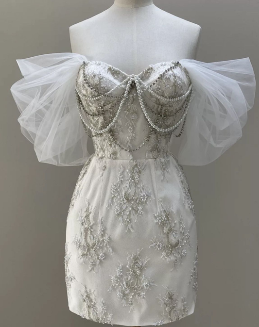 Elegant Off The Shoulder Tulle Appliques White  Sheath Short Homecoming Dress Birthday Outfits SP27