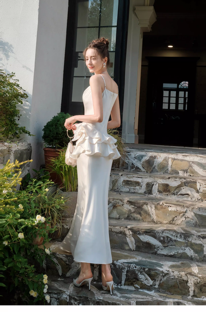 Elegant Ivory Satin Ruffles Long Party Gown Spaghetti Straps Mermaid Birthday Outfits SP1993