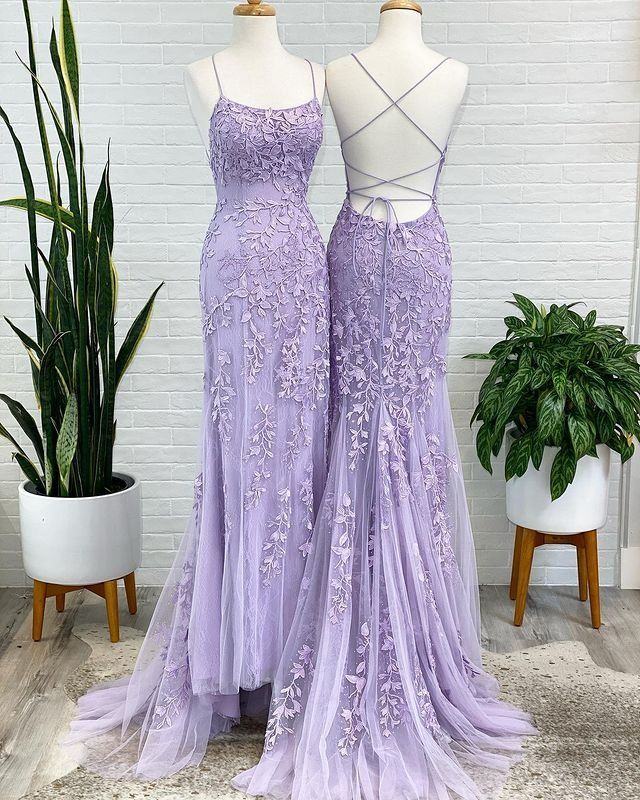 Spaghetti Strap Mermaid Lace Appliques Tulle Prom Dresses Long Criss Cross Backless Formal Evening Dress Y7383