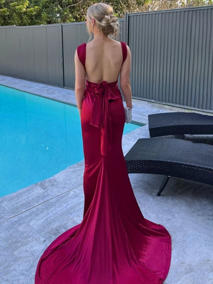 Fashion Burgundy Backless Mermaid Satin Pleated Long Party Dress, Formal Wedding Guest Dress With Train SP452
