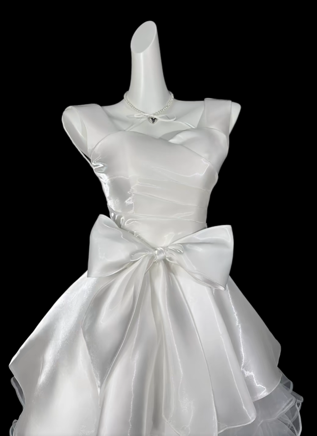 Elegant White Satin Organza Bow A Line Short Homecoming Dress Birthday Outfits SP3501