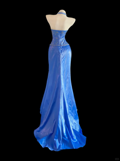 Elegant Halter V Neck Satin Beaded Long Prom Dress Blue Mermaid Long Party Dress SP4088