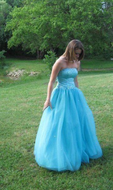 Beautiful Blue Strapless Tulle Beaded A Line Birthday Party Dress Long Prom Dress SP1182