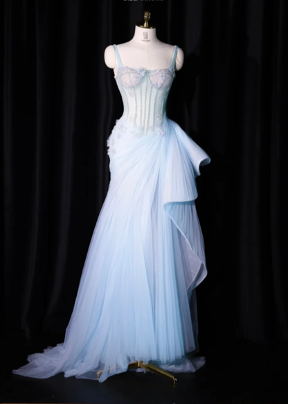 Classy Spaghetti Straps Blue Tulle Beaded Mermaid Long Evening Dress Prom Dress With Butterfly SP2236