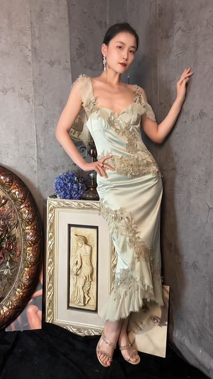 Vintage V Neck Green Satin Chiffon Appliques Beaded Ruffles Mermaid Party Dress Long Prom Gown SP1254