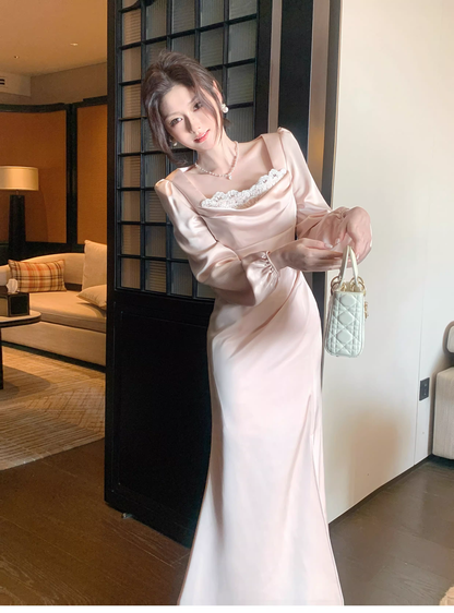 Sweet Lace Neck Pink Satin Mermaid Long Prom Dress Formal Evening Dress Birthday Dress SP1541