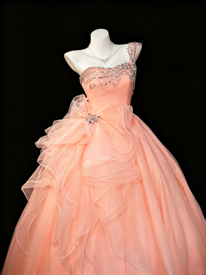 Dreamy Blush Peach One Shoulder Princess Ball Dress Sparkly Rhinestone Bodice Big Ruffle Bow Tulle Quinceanera Dress SP2733